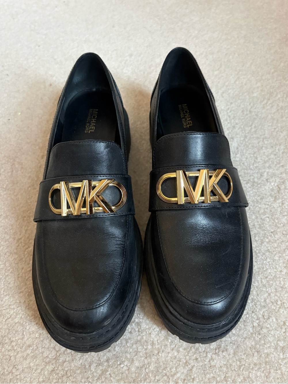 Michael Kors Black Leather Loafers with Gold MK Emblem